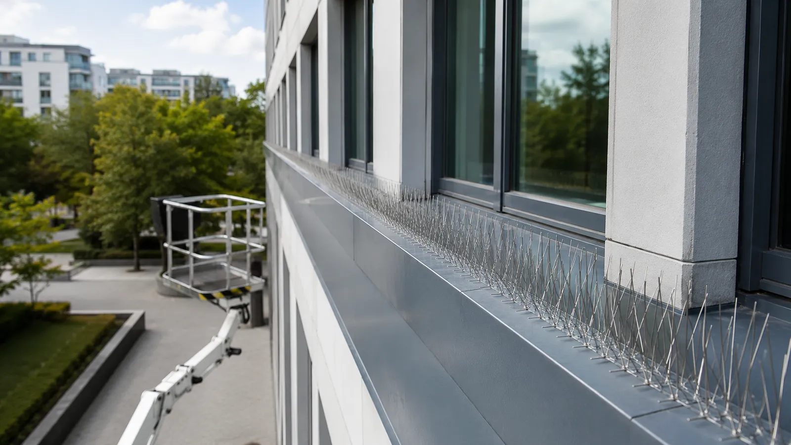 Taubenabwehr-Spikes an der Fensterbank eines Wohngebäudes, Thema WEG
