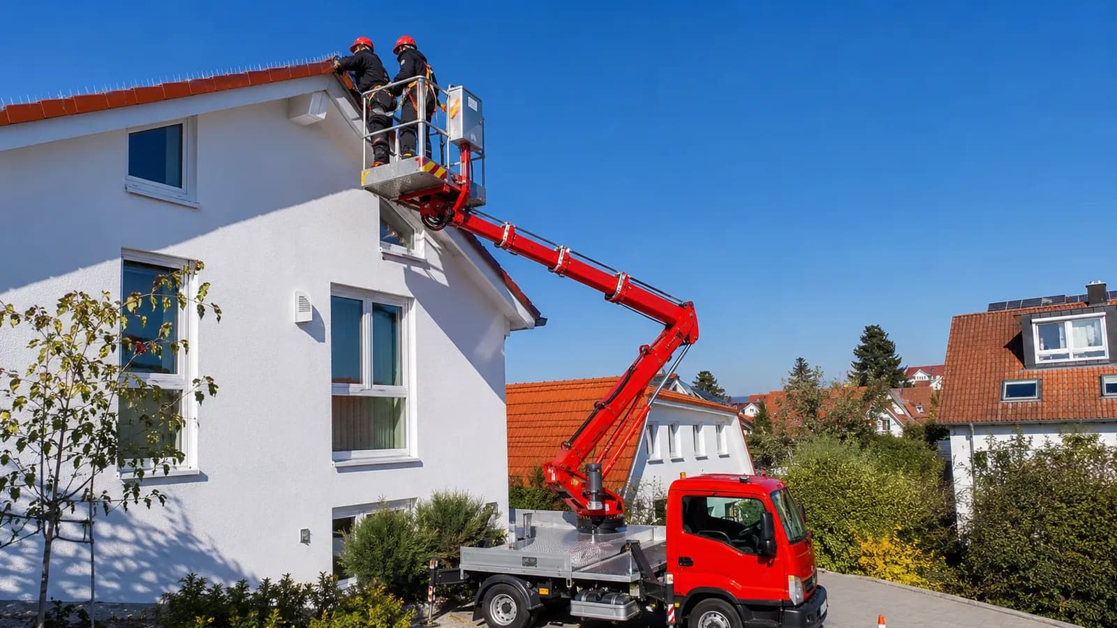Taubenabwehr am Einfamilienhaus, Montage mit Hubarbeitsbühne