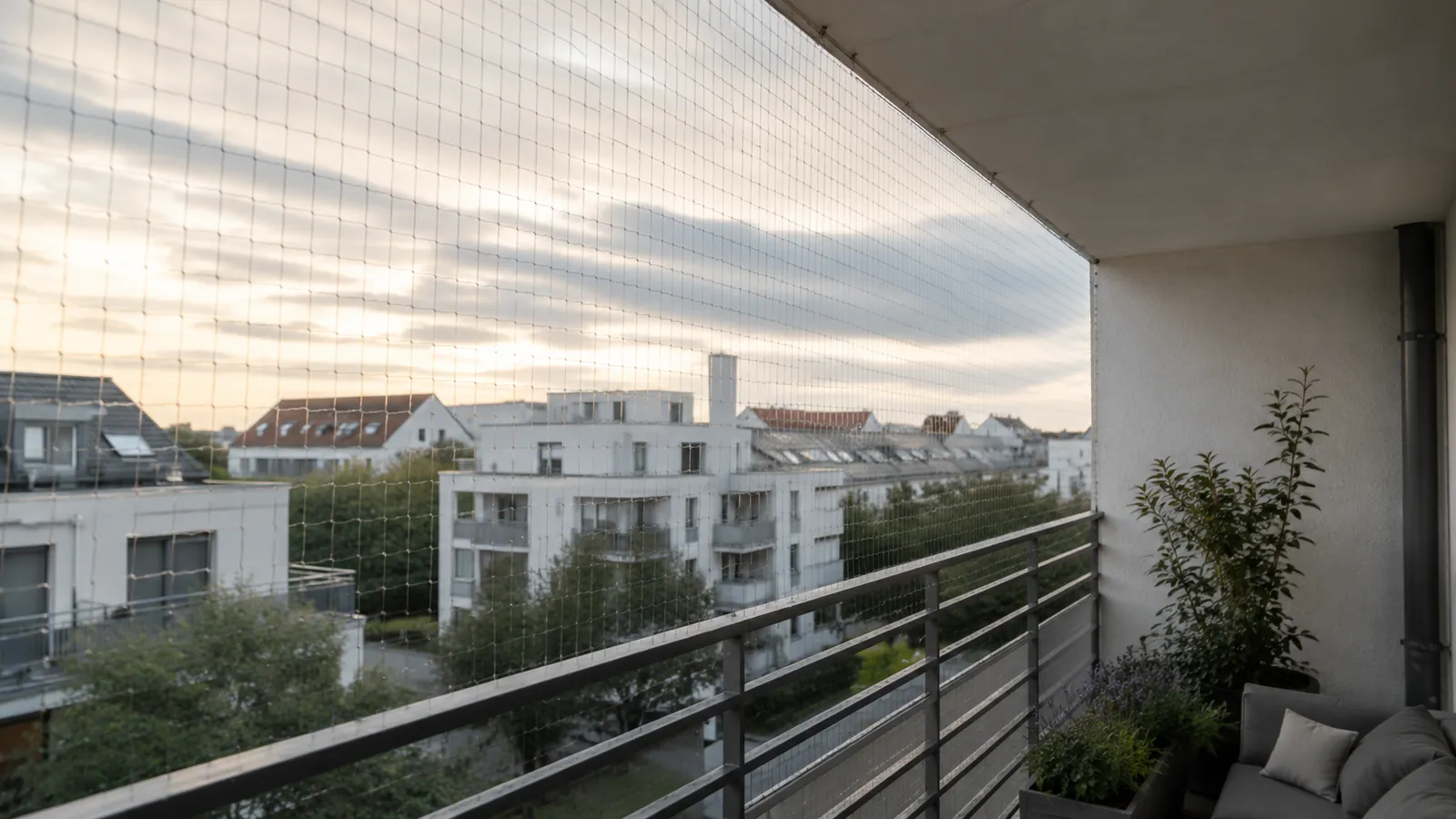 Taubenabwehr am Mehrfamilienhaus, Balkonschutznetz an einem Wohngebäude